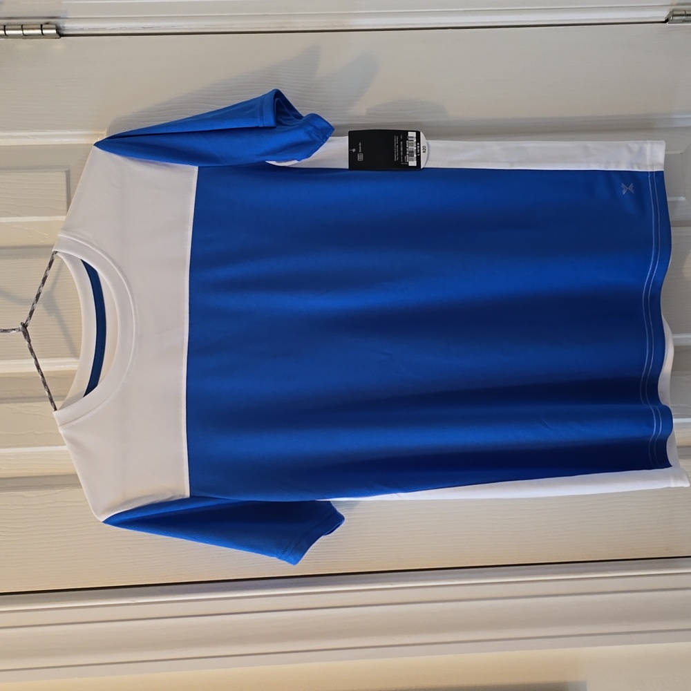 XERSION BOYS HUSKY BLUE AND WHITE SHORT SLEEVE ATHLETIC SHIRT SIZE LARGE 14/16 H
